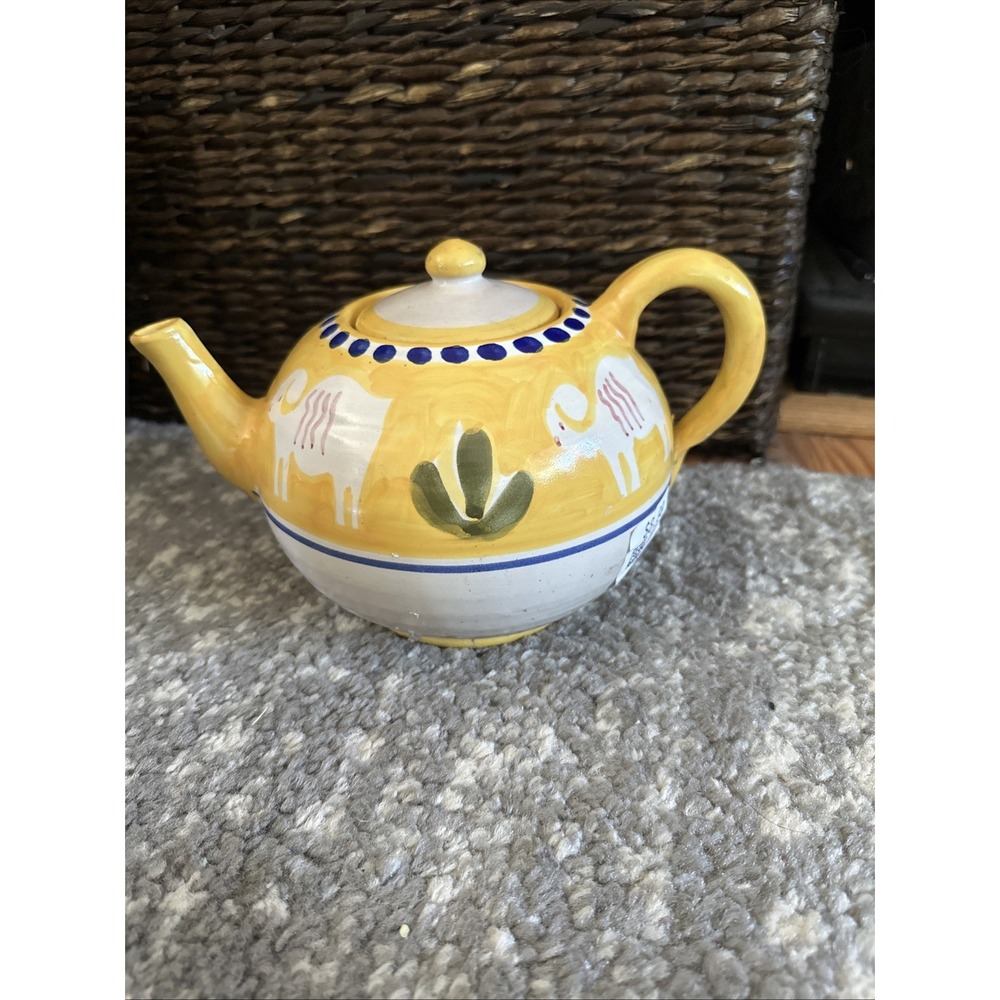 Vintage Solimene Teapot Hand Painted Yellow Blue Goat Cactus RARE